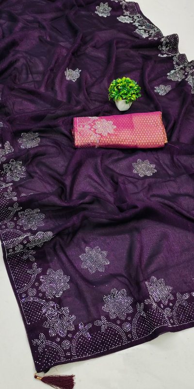 Stylish Purple Black Ket Embellished Swarovski Diamond Saree