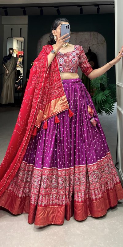 Stylish Purple Color Tussar Patola Print Foil Work Lehenga Choli