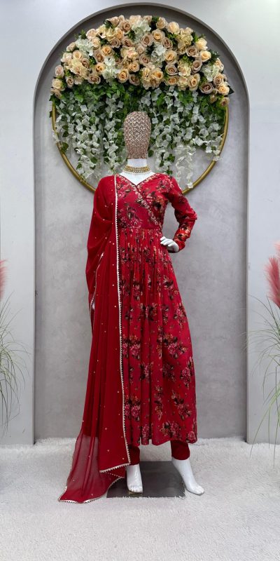 Stylish Red Color Muslin Digital Print With Hand Work Salwar Suit