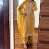 Stylish Yellow Chinnon Silk Embroidery Coding Dori Salwar Suit