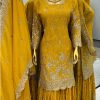 Stylish Yellow Color Chinnon Silk Embroidery Sharara Suit