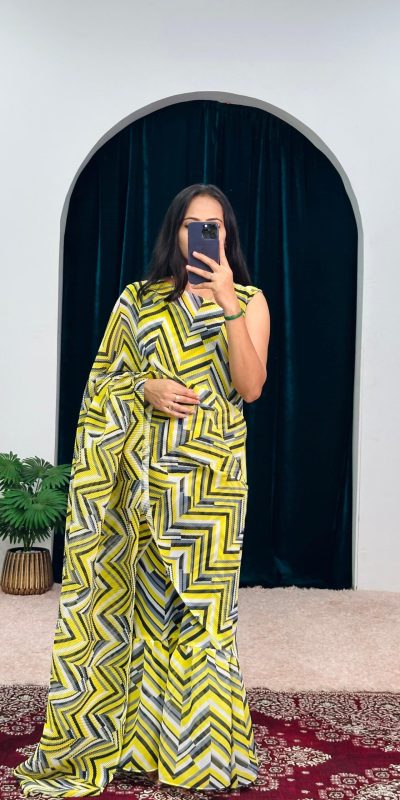 Stylish Yellow Color Georgette Digital Printed Ruffle Work Saree