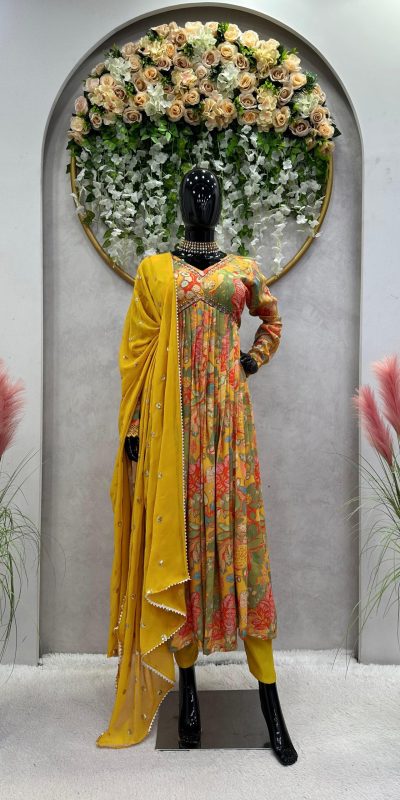 Stylish Yellow Color Muslin Digital Printed Hand Work Salwar Suit