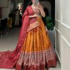 Stylish Yellow Color Tussar Patola Print Foil Work Lehenga Choli