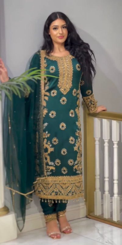 Sublime Blue Color Chinnon Silk Embroidery Sequence Salwar Suit