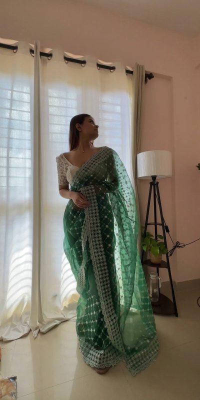 Sublime Green Color Organza Embroidery Thread Work Saree