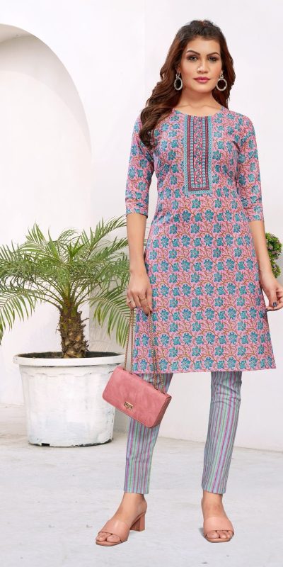 Sublime Light Purple Cambric Cotton Print Embroidery Work Kurti