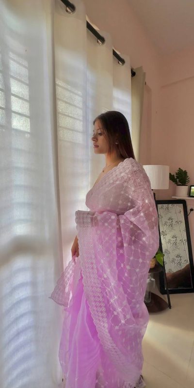 Sublime Light Purple Color Organza Embroidery Thread Saree