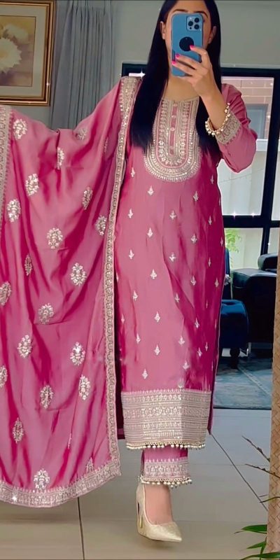 Sublime Pink Color Faux Georgette Embroidery Salwar Suit