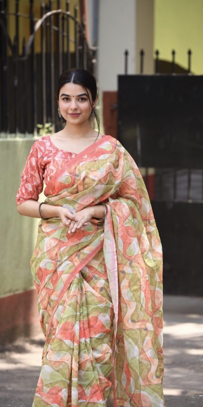 Sublime Pista Green Color Linen Beautiful Digital Printed Saree