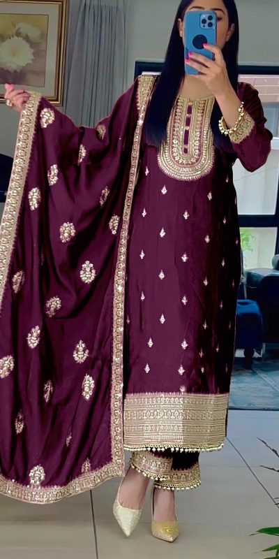 Sublime Purple Color Faux Georgette Embroidery Salwar Suit