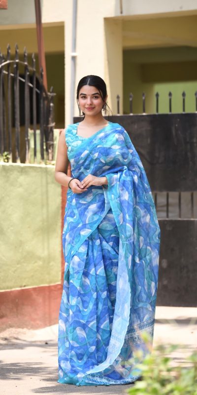 Sublime Royal Blue Color Linen Beautiful Digital Printed Saree