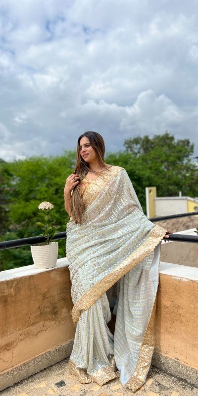 Sublime White Color Georgette Embroidery Sequence Saree