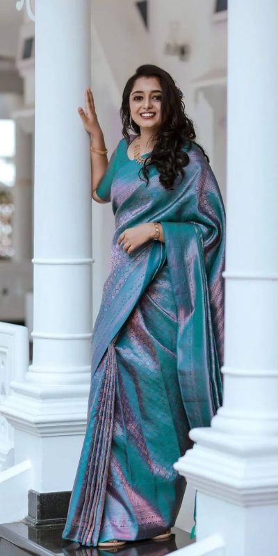 Super Blue Soft Silk Pink Zari Design Spread Shine Various Saree