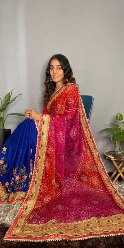 Superb Blue Color Chiffon Material Double Shaded Work Saree