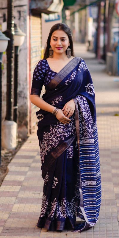 Superb Blue Color Plain Linen Digital Printed All Over Work Saree