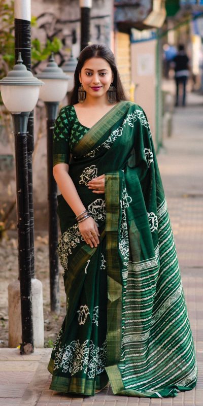 Superb Green Color Plain Linen Digital Printed All Over Work Saree