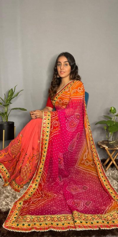 Superb Orange Color Chiffon Material Double Shaded Saree