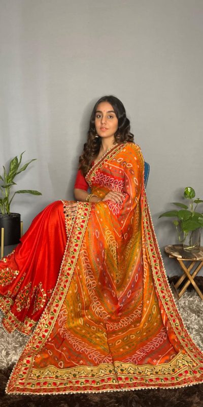 Superb Red Color Chiffon Material Double Shaded Work Saree