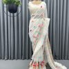 Superb White Faux Georgette Thread With Fancy Ruffle Saree