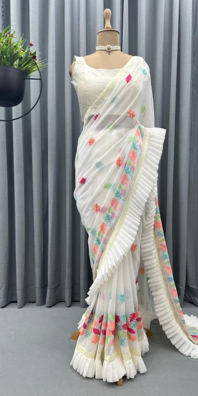 Superb White Faux Georgette Thread With Fancy Ruffle Saree