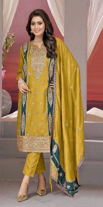 Superb Yellow Vichitra Embroidery Codding Sequence Salwar Suit