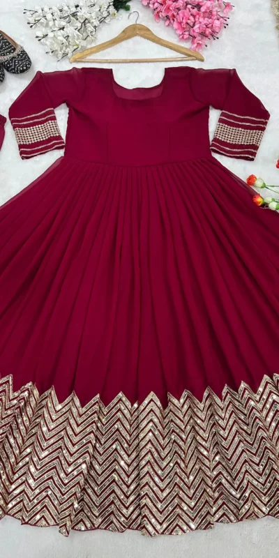 ZSR-3042 Maroon Color Gown : Fox Georgette Work : Embroidery Sequence Work Inner : Micro Cotton Traditional Wear, Wedding, Festive, Events. @2249/- | Gowns, Bollywood Gowns, Creative Gowns, Designer Gowns, Embroidered Gowns, Party Wear Gowns