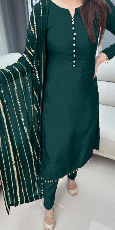 Aglow Green Chinnon Silk Embroidery Coding Dori Salwar Suit