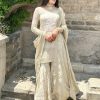 Attractive Grey Color Chinnon Silk Embroidery Work Salwar Suit