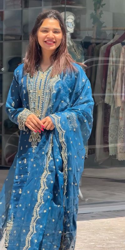 Beautiful Blue Color Organza Silk Embroidery Work Sharara Suit