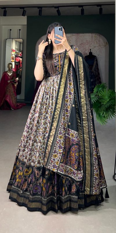 Classic Black Color Tussar Silk Floral Print With Foil Print Gown
