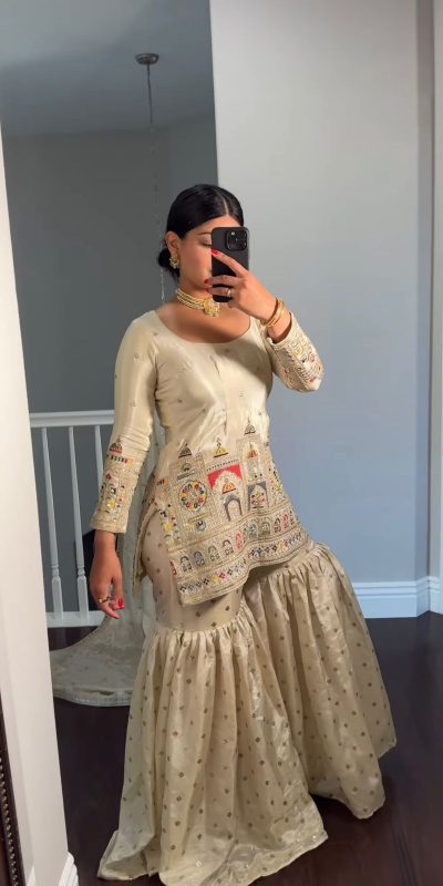 Classic Cream Color Chinnon Silk Embroidery Coding Salwar Suit