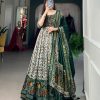 Classic Green Color Tussar Silk Floral Print With Foil Print Gown