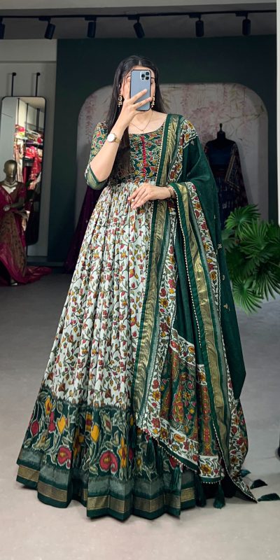 Classic Green Color Tussar Silk Floral Print With Foil Print Gown