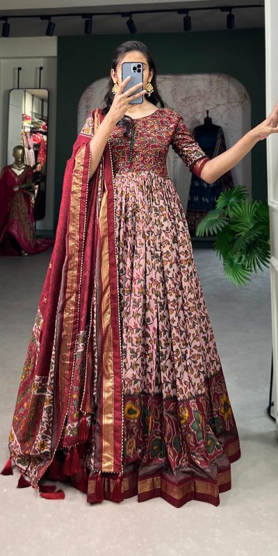 Classic Maroon Color Tussar Silk Floral Print With Foil Print Gown
