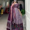 Classic Purple Color Tussar Silk Floral Print With Foil Print Gown