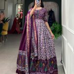 Classic Purple Color Tussar Silk Floral Print With Foil Print Gown