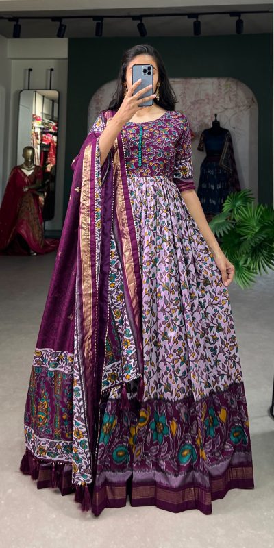 Classic Purple Color Tussar Silk Floral Print With Foil Print Gown