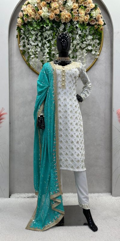 Classic White & Blue Georgette Thread Sequence Salwar Suit