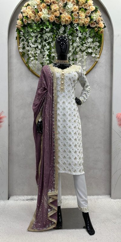 Classic White Color Georgette Thread Sequence Salwar Suit