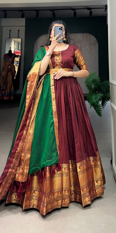 Dazzling Maroon Color Narayan Pet Zari Weaving Work Gown