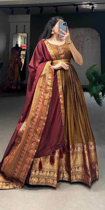 Dazzling Mustard Color Narayan Pet Zari Weaving Work Gown