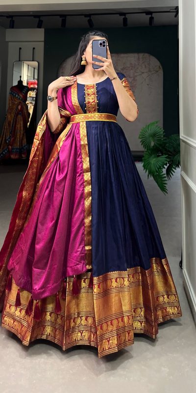Dazzling Navy Blue Color Narayan Pet Zari Weaving Work Gown