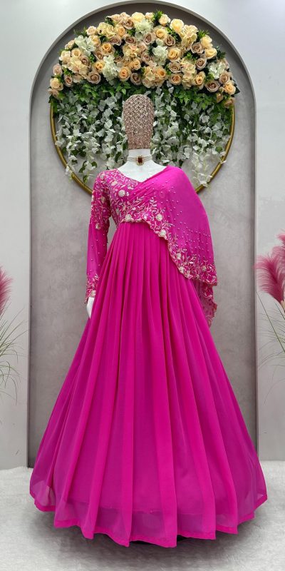 Dazzling Pink Color Faux Georgette Thread Sequence Gown