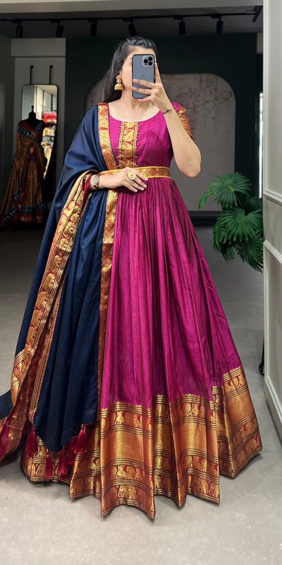 Dazzling Pink Color Narayan Pet Zari Weaving Work Gown