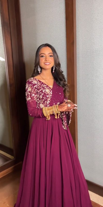 Dazzling Purple Color Faux Georgette Thread Sequence Gown