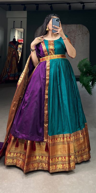 Dazzling Teal Blue Color Narayan Pet Zari Weaving Work Gown