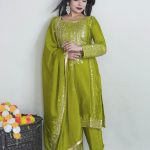 Elegant Green Color Pure Chinnon Silk Embroidery Salwar Suit