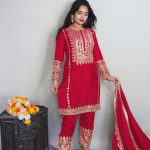 Elegant Red Color Pure Chinnon Silk Embroidery Salwar Suit