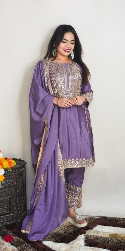 Elegant Violet Color Pure Chinnon Silk Embroidery Salwar Suit